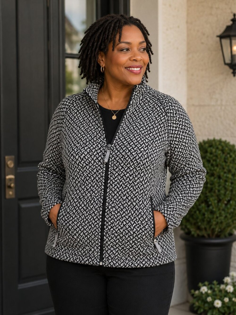 Talbots Black & White Herringbone Zip Jacket